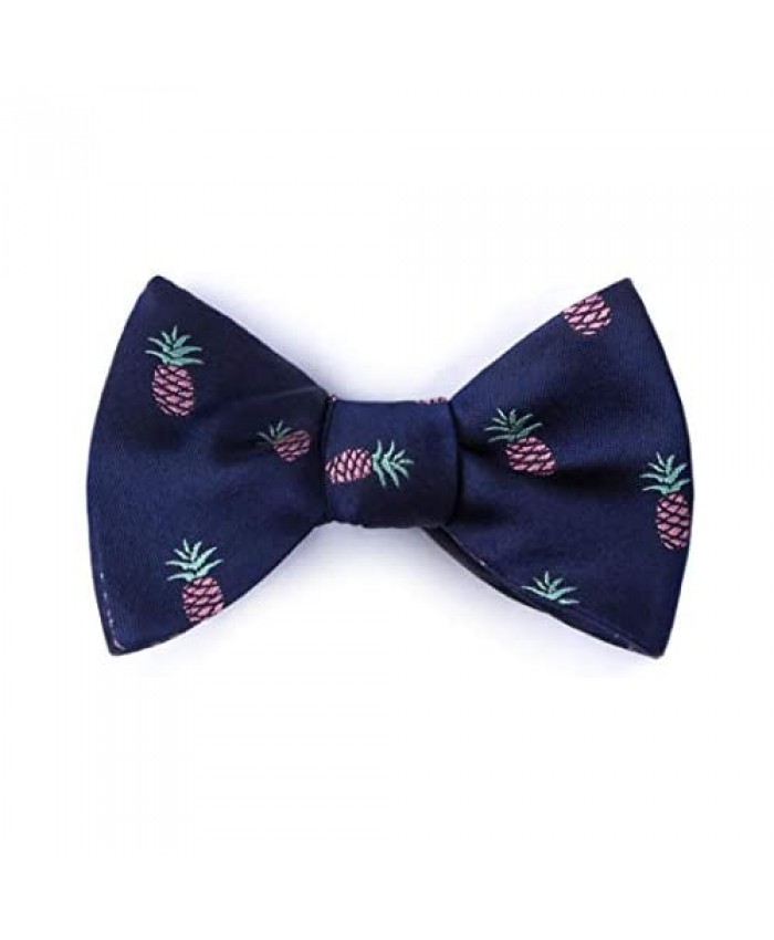 Men's 100% Silk Navy Blue Tropical Island Pineapples Butterfly Self Tie Bow Tie