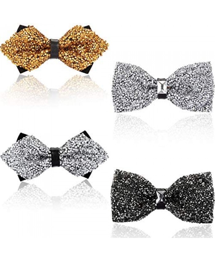 SATINIOR 4 Pieces Rhinestone Bow Ties for Men Diamond Pointed Pre-Tied Banquet Bowtie Silver Gold Gray Large