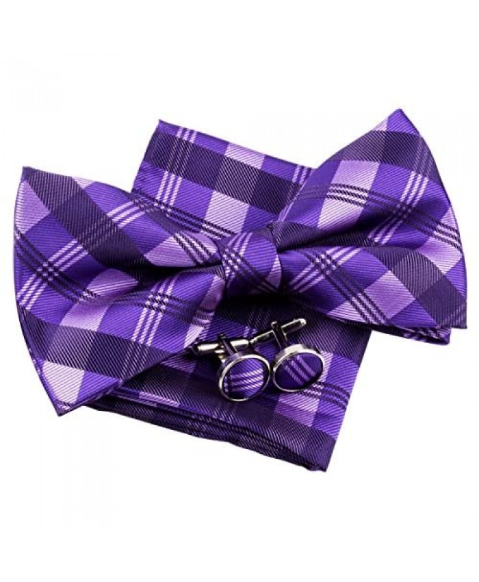 Tartan Check Patterns Woven Pre-tied Bow Tie (5") w/Pocket Square & Cufflinks Gift Set