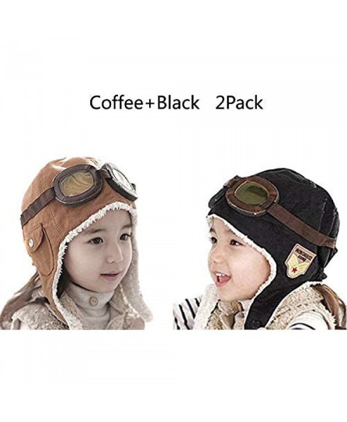 CTKcom 2-Pack Pilot Aviator Fleece Warm Hat Cap with Earmuffs for Kids(Coffee+Black)