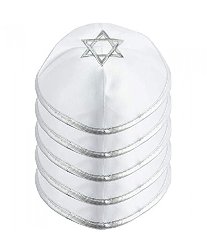 HolYudaica Pack of 5/10-Pcs - Hq 19cm Satin Kippah with Silver String + Star of David for Men & Boys Yamaka Hat from Israel - Kippot Bulk (White Silver 19cm - 5pcs)