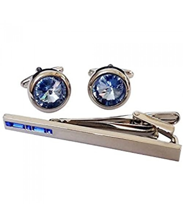 Covink Swarovski Crystal Tie Clip Blue and White Crystal Cufflinks and Tie Clip Set (Blue Set)