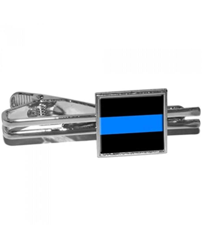 Thin Blue Line - Police Policemen Square Tie Bar Clip Clasp Tack - Silver