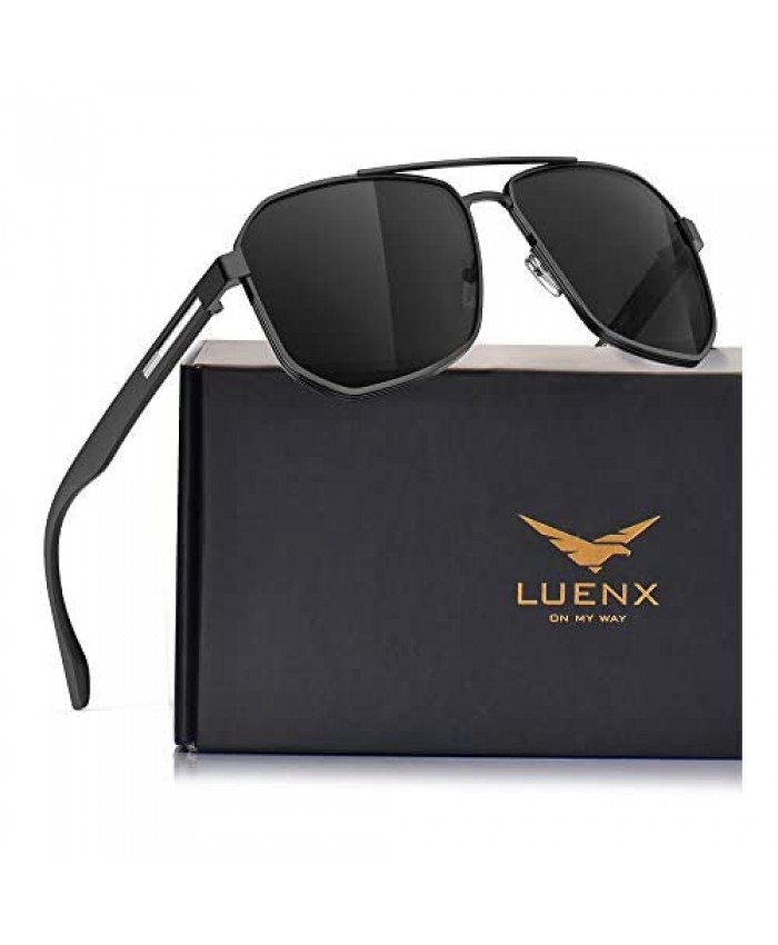 LUENX Aviator Sunglasses for Men Square Polarized Polygon Lens - UV 400 Protection with Accessories