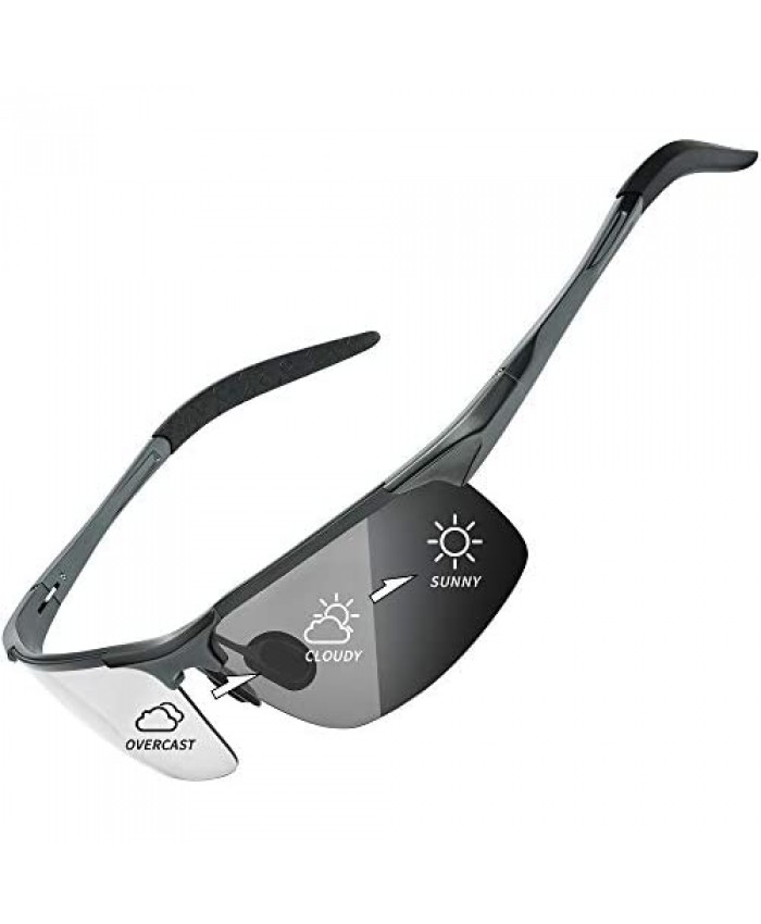 Polarized Photochromic Sunglasses for Men Al-Mg Metal Frame Warp Around Sunglasses for Driving UV400 Protection