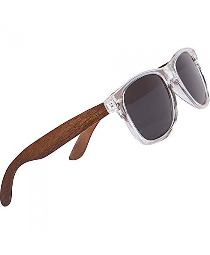 WOODIES Polarized Walnut Wood Sunglasses for Men and Women | Clear Frame Black Polarized Lenses and Real Wooden Frame | 100% UVA/UVB Ray Protection