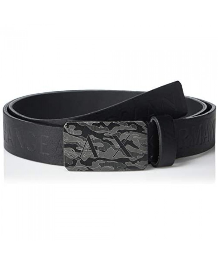 AX Armani Exchange Men's All Over Logo Print Calf Leather Belt with Camo Buckle