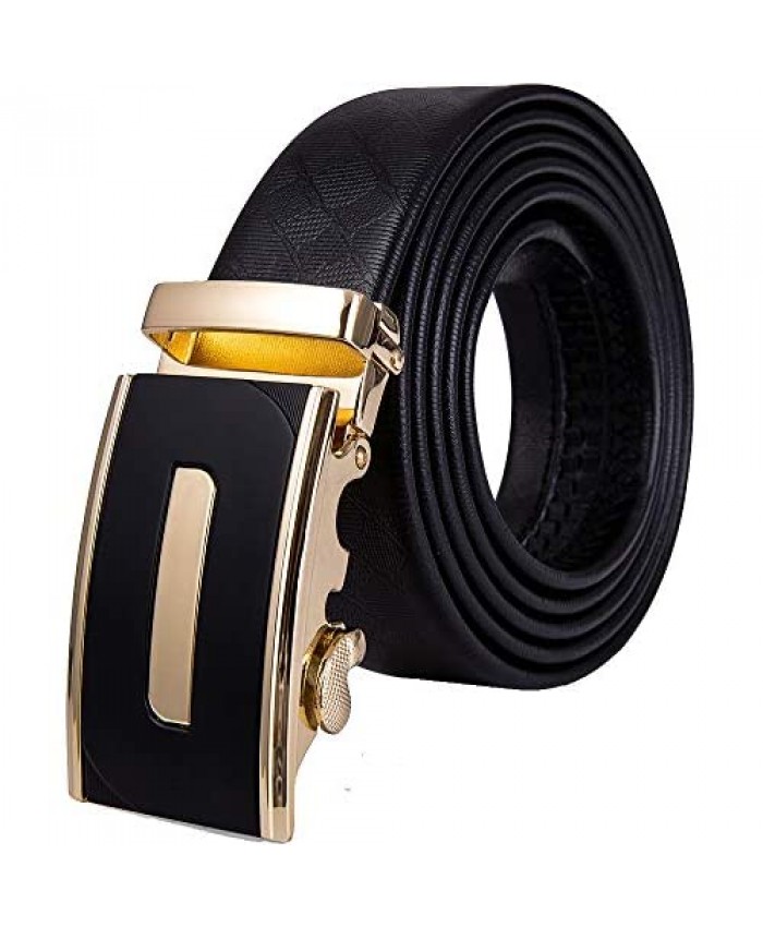 Mens Gold Buckle Belt YOHOWA Cowhide Belt Automatic Ratchet Buckle Black Holeless for Jeans/Suit Gift Box