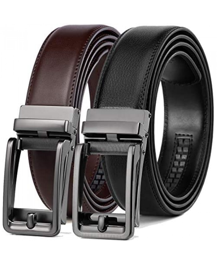 Ratchet Click Belt 2 Pack Leather Slide Dress Comfort Belt Adjustable with Buckle Gift Set