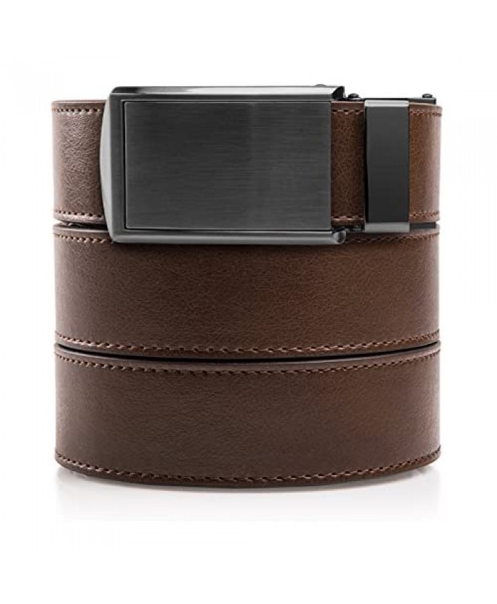 Slidebelts Men's Animal-Friendly Leather Belt Without Holes - Gunmetal Buckle/Mocha Brown Leather (Trim-to-fit: Up to 48 Waist)
