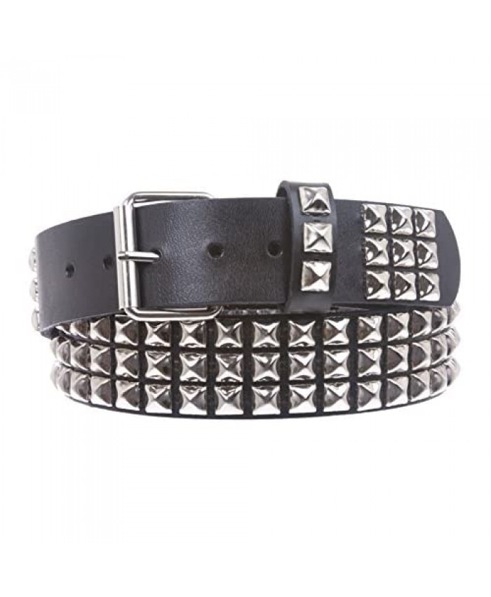 Snap On Three Row Punk Rock Star Metal Silver Studded Full Grain Cowhide Leather Belt