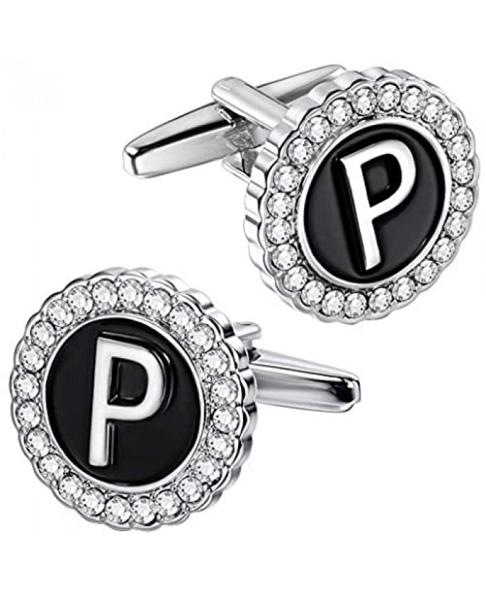 AMITER Cufflinks for Men Initial Men's Crystal Cuff Links Personalized Silver for Wedding Shirt Business Alphabet A-Z