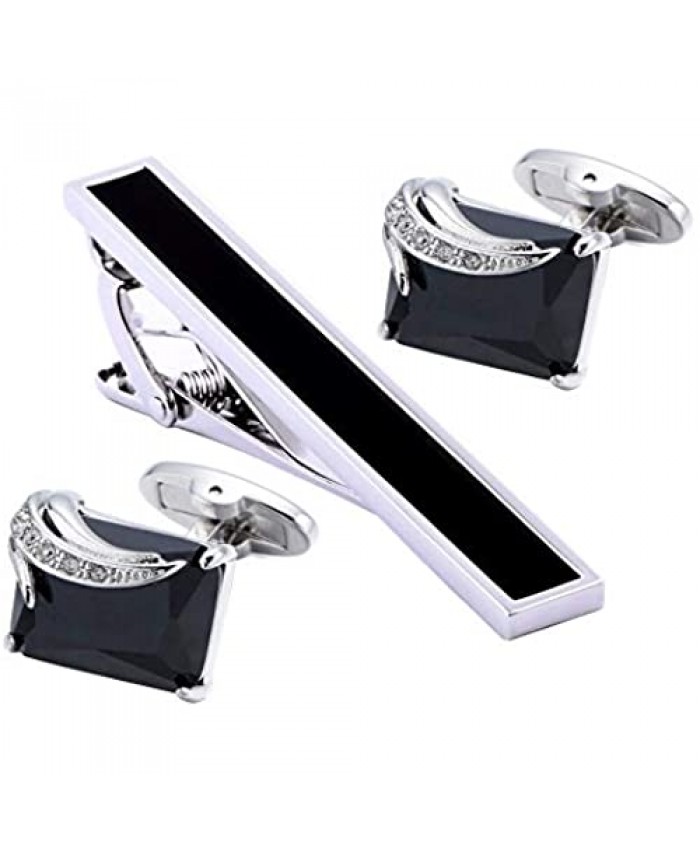 BXLE Black Opal Cufflinks & Tie Clip - Gem Stone Cufflinks and Stickpin Bar Set - Gemstone Shirt Studs & Tie Pin Jewelry Accessories in Gift Box - Masculine Gift for Your Man