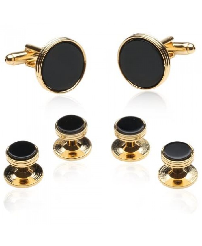 Cuff-Daddy Black Onyx and Gold Tone Cufflinks and Studs with Presentation Box Unique Men Cufflinks for Wedding Anniversary Special Occasions Jewelry Presentation Box