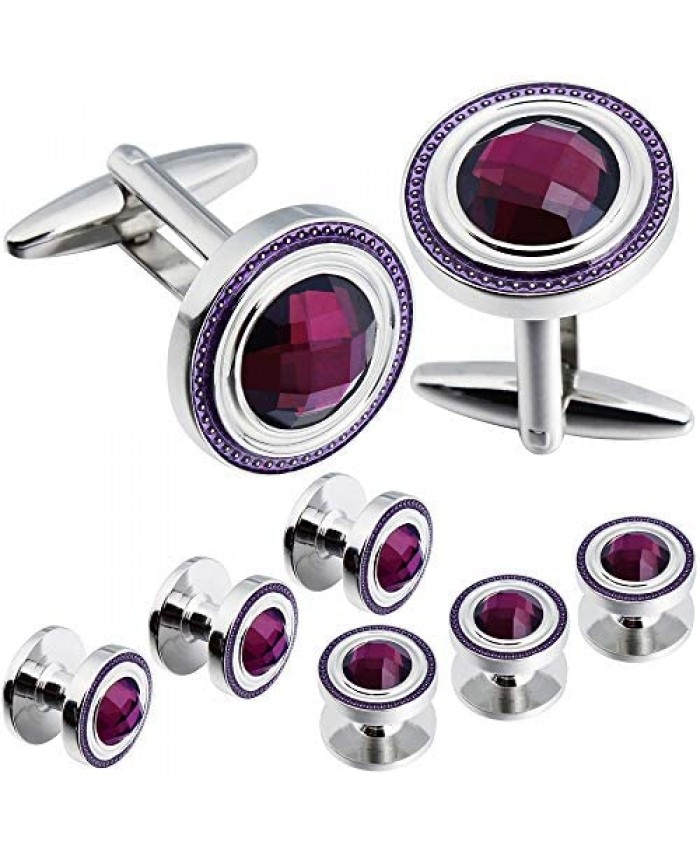 HAWSON Crystal Cufflinks and Studs Sets for Men's Tuxedo Shirts with Gift Box - One Pair Cufflinks with 6 pcs Studs - Purple