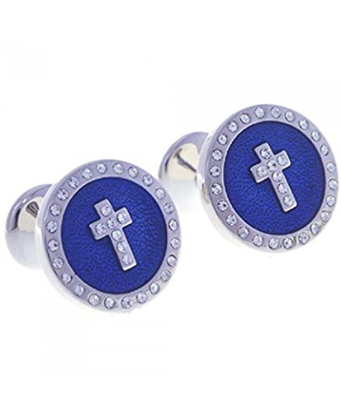 MRCUFF Cross Round Crystal Blue Pair Cufflinks in a Presentation Gift Box & Polishing Cloth