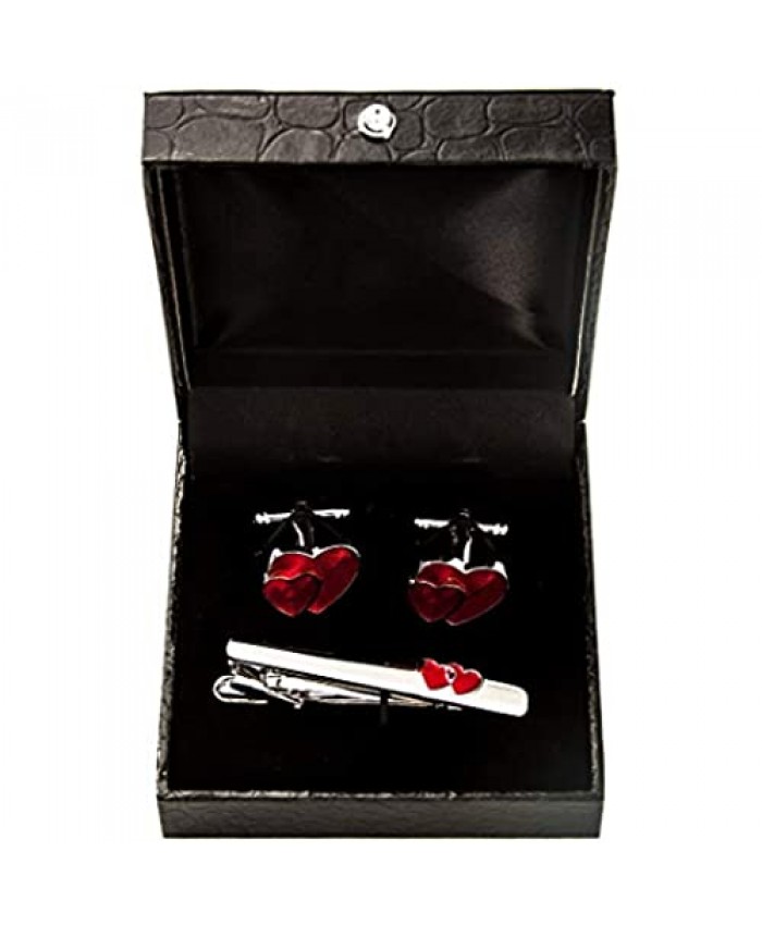 MRCUFF Heart Red Pair of Cufflinks & Tie Bar Clip with Presentation Gift Box & Polishing Cloth