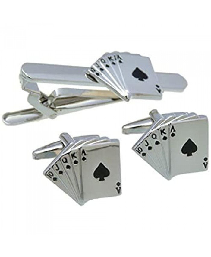 MRCUFF Royal Straight Flush Poker Ace - Ten Playing Cards Pair Cufflinks & Tie Bar Clip in Presentation Gift Box