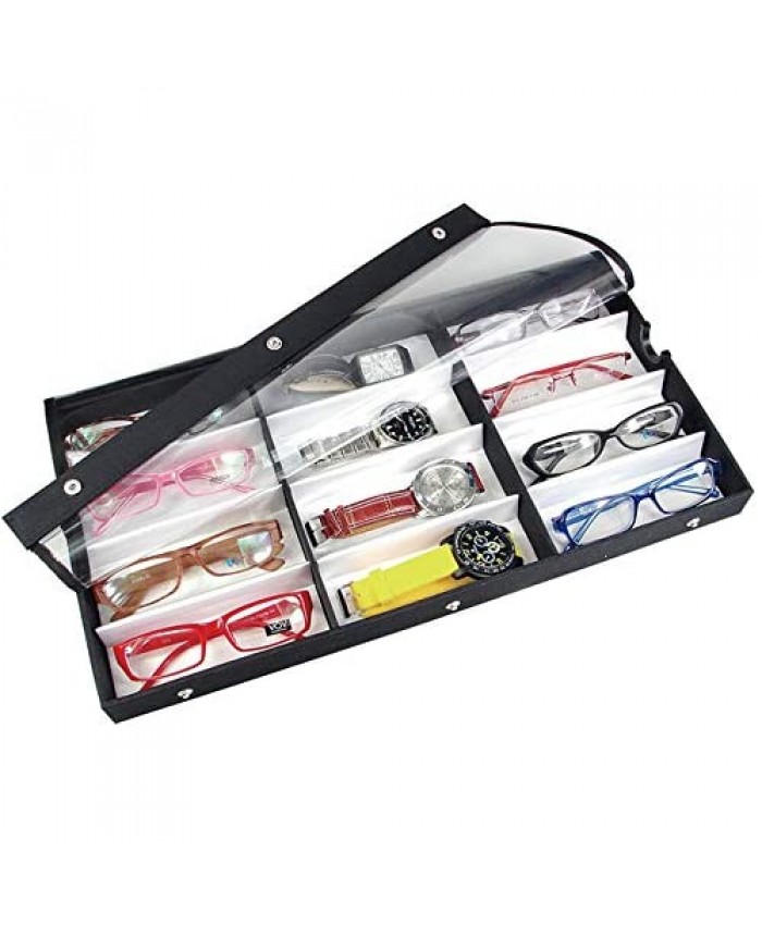 Ikee Design Small/Medium 12 Compartment Eyewear Shades Case for Eyeglasses Sunglasses Watches Jewelry with Vinyl Clear Top Lid 19”w x 10”D x 1 1/2”H