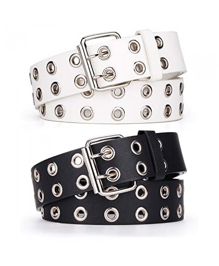 Grommet Punk Belt for Women Jeans Dress Faux Pu Leather with Double Prong Pin Buckle