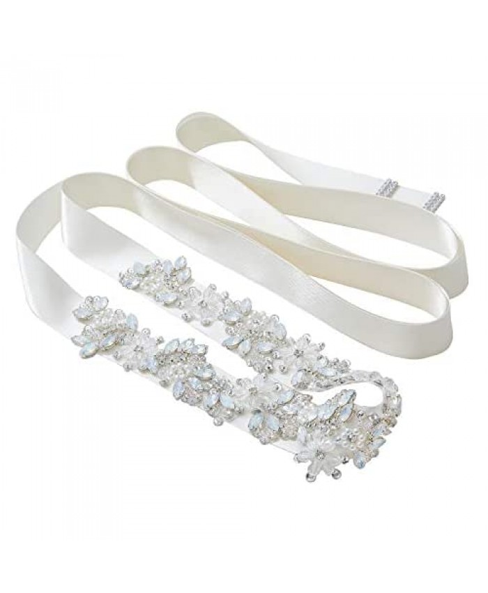 SWEETV Opal Bridal Wedding Belt Sash Pearl Rhinestone Crystal Belt for Brides Bridesmaid Prom Dress Evening Gown Ivory