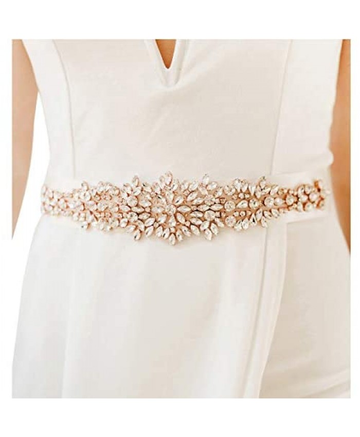 SWEETV Rose Gold Bridal Belt Rhinestone Wedding Belt Applique Crystal Sash for Bridesmaid Dress Evening Gown