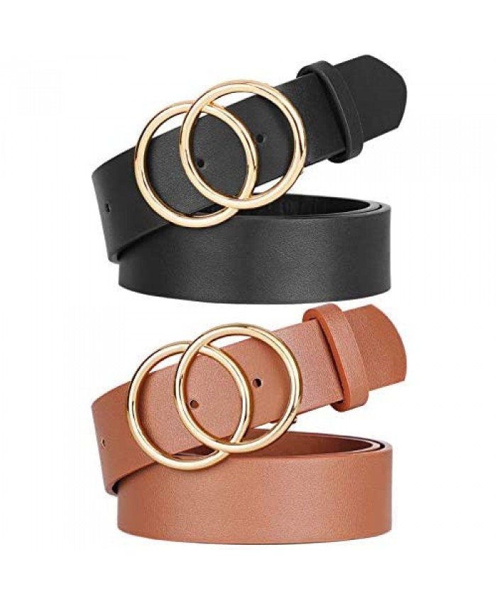 Women Leather Double O-Ring Belt Fashion Golden Designer Buckle Belt for Jeans Pants Dresses by WHIPPY