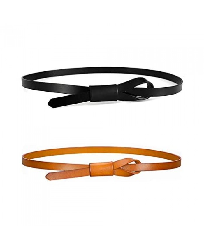 Women Skinny Leather Belts Pack of 2 Dress Waist Thin Adjustable Tie for Lady