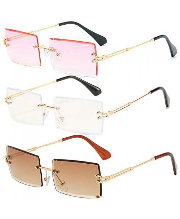mincl/Fashion Small Rectangle Sunglasses Women Ultralight Candy Color Rimless Ocean Sun Glasses (3pcs-clear&pink&brown)