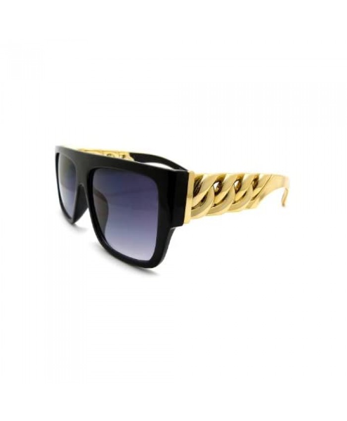 moda High Fashion Metal Chain Arm Flat Top Aviator Sunglasses (Shiny Black Gold) Large