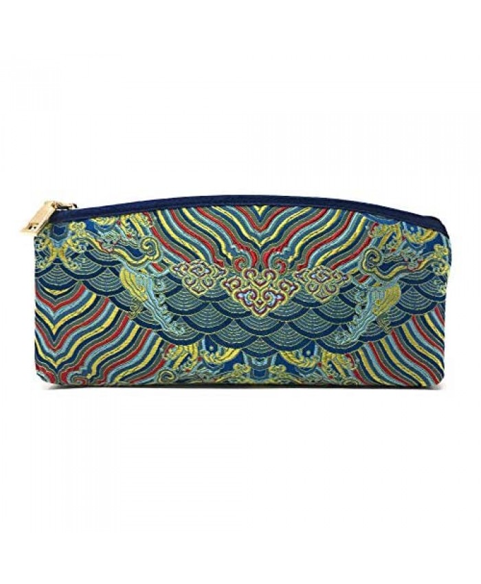 Value Arts Blue Zippered Soft Eyeglass Case Pouch Vaco Chic Chinese Silk 7.25 Inches Long