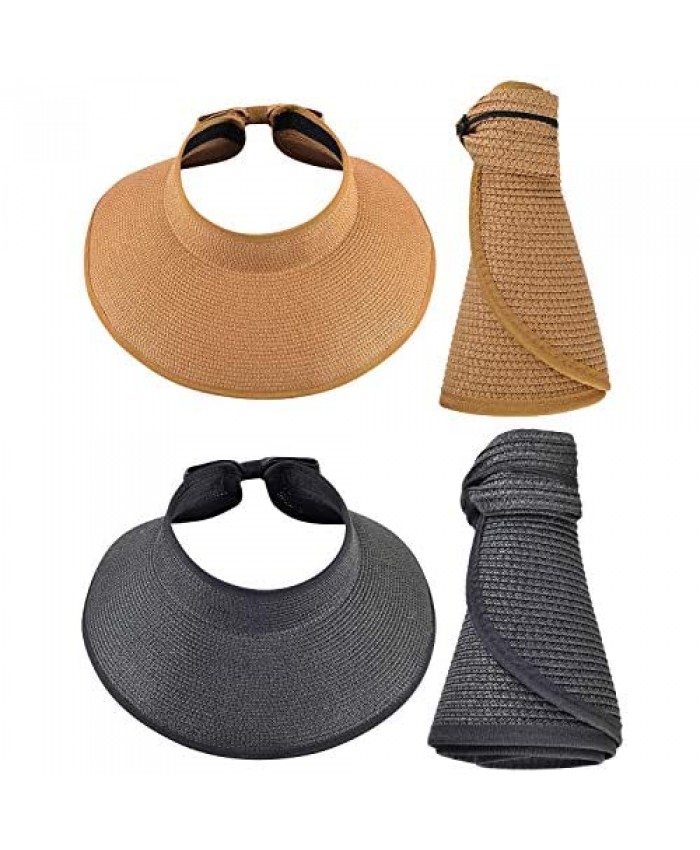 2 Pieces Sun Visor Beach Hat for Women Straw Ponytail Large Wide Brim Foldable Packable Summer Hat w/Cute Bowtie