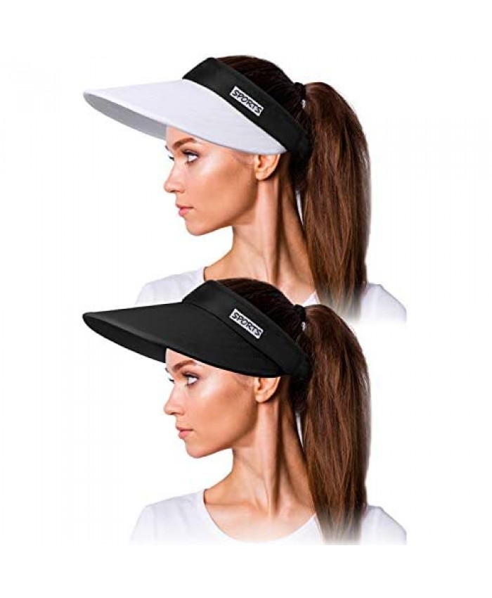 2 Pieces Sun Visor Hats Wide Brim Sun Hats Adjustable Large Brim UV Protection Summer Beach Cap Foldable Packable Summer Hat for Women Black White