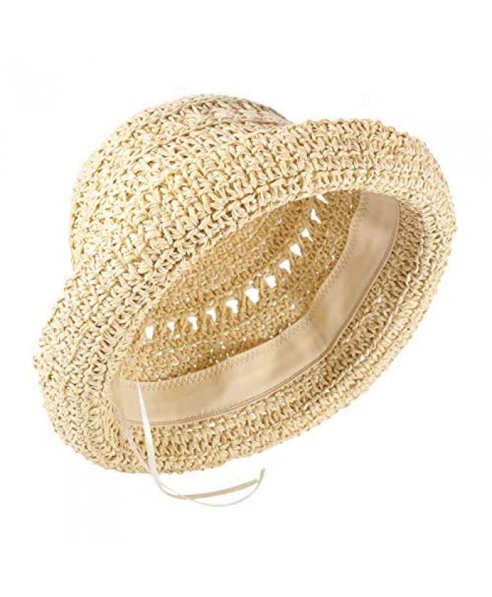 boderier Women's Raffia Straw Bucket Sun Hat Packable Hand-Woven Floppy Brim Summer Hat Beach Accessories