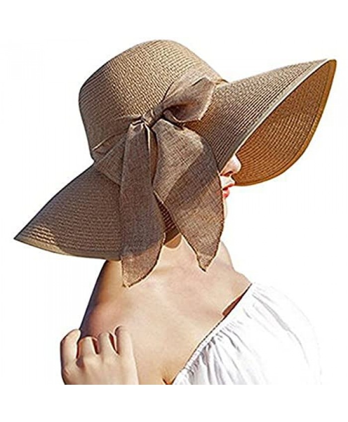 DRESHOW Womens Bowknot Straw Hat Foldable Beach Sun Hat Roll up UPF 50+