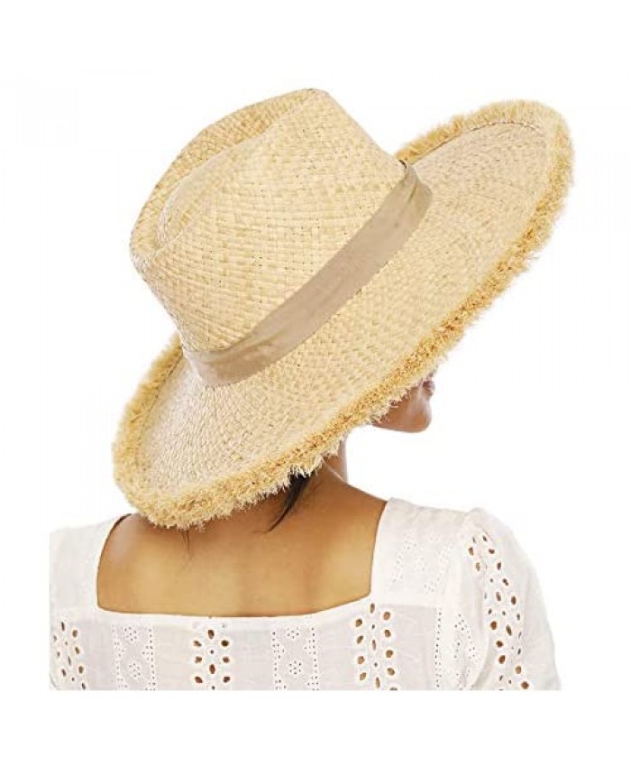 FEMSÉE Beach Hats for Women - Wide Brim Fringe Raffia Straw Ribbon Summer Sun Hat Travel