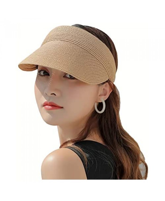 FMJIUGE Brown Beach Hats for Summer Womens Wide Brim Roll-Up Visor Straw Hats Fashion Ladies Packable Sun Hats