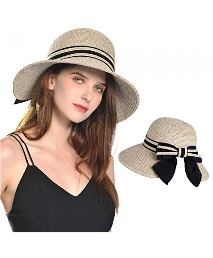 Jeff & Aimy Foldable Straw Summer Sun Hat for Women SPF 50 Wide Brim Stylish Panama Fedora Cruise Travel Beach Hat
