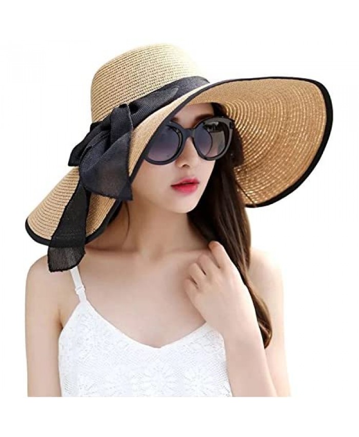 JOYEBUY Women's Floppy Big Brim Hat Bowknot Straw Hat Foldable Roll up Sun Hat