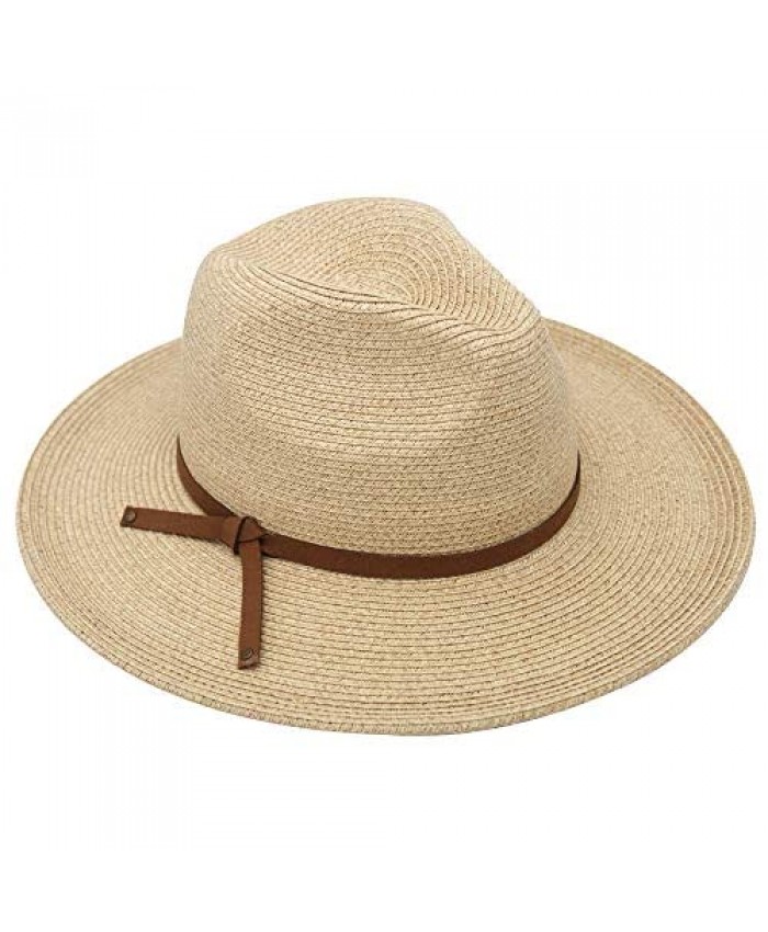 Krono Krown Women's Panama Fedora Cowboy Wide Brim Summer Beach Sun Hat w/Suede Knot - Paper Straw Adjustable UPF50+