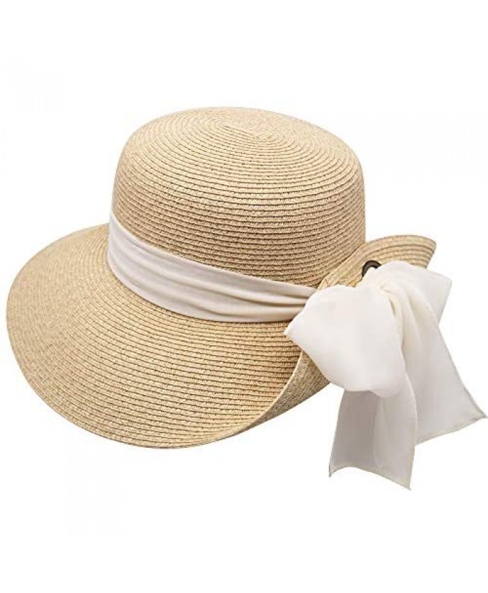 Krono Krown Women's Wide Brim Floppy Summer Beach Sun Hat for Ponytail w/Cute Ribbon Bow - Paper Straw Adjustable UPF50+