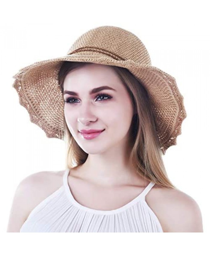 Women Straw Hats Brown Fedora Hats Wide Brim Fedora Hats UPF 50+ Beach Sun hat Floppy Hats for Women with Beautiful Bow
