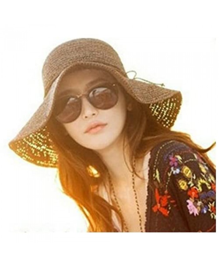 Women's Girl Foldable Wide Brim Summer Beach Sun Visor Hat Straw Hat Cap Coffee