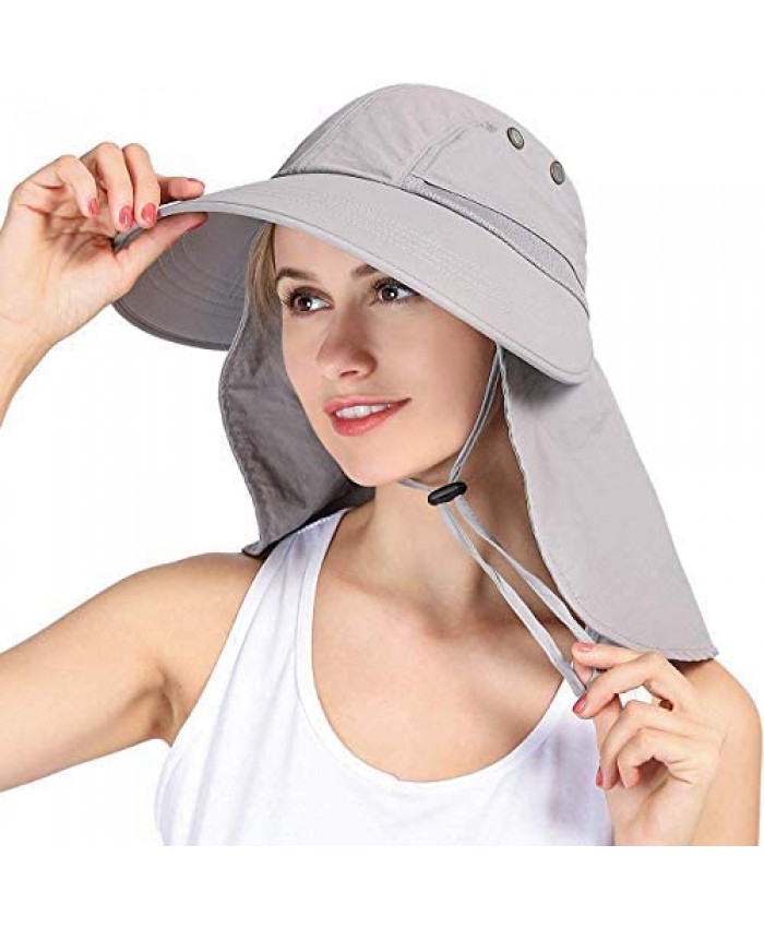 Womens Ponytail Summer Sun UV Protection Wide Brim Beach Fishing Hat with Neck Flap