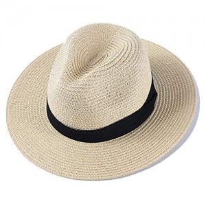 Womens Wide Brim Straw Panama Hat Fedora Summer Beach Sun Hat UPF50 Floppy Straw Hat Fodable