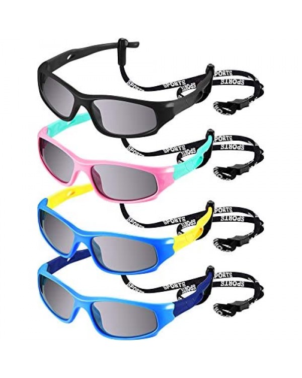 4 Pairs Kids Sports Sunglasses Rubber Flexible Kids Sunglasses with Strap and Glasses Cloth for Kids Age 3-11