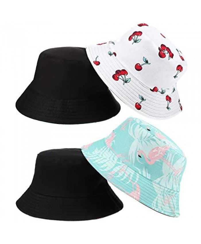2 Pieces Bucket Sun Hat Unisex Print Double-Side-Wear Reversible Bucket Hat Summer Beach Hats for Women Girls Cherry and Flamingo Printed