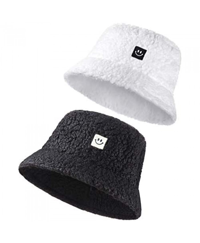 2 Pieces Women Winter Plush Bucket Hats Vintage Smile Cloche Hats Warm Faux Fur Wool Outdoor Fisherman Caps for Girls Women White Black