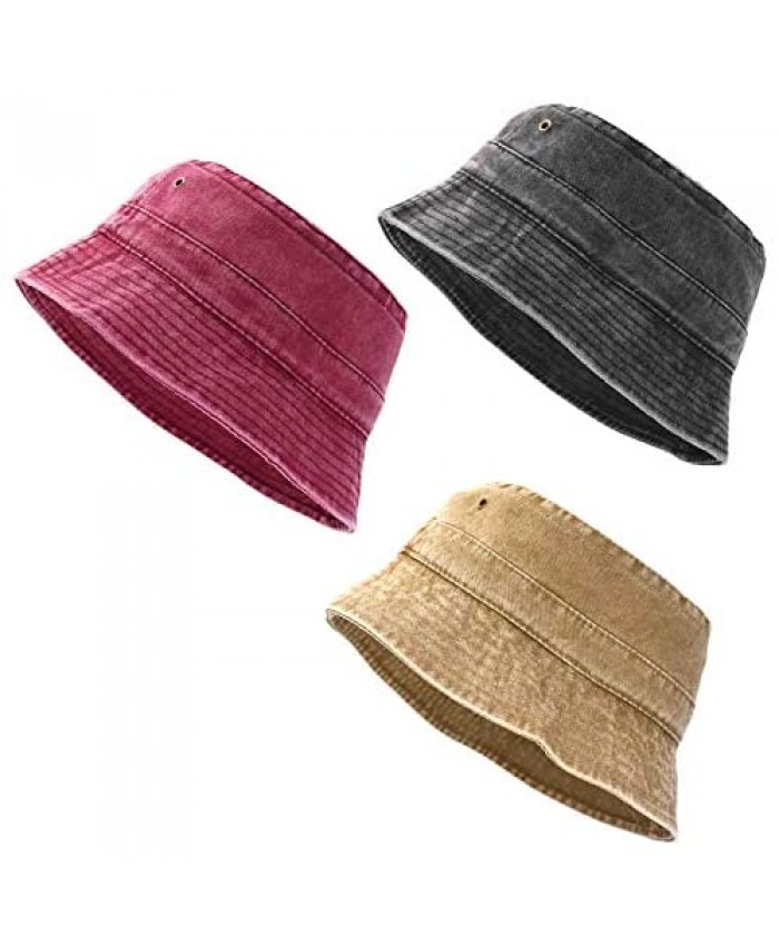 3 Pack Vintage Washed Plain Denim Packable Retro Bucket Hats Soft Outdoor Travel Caps for Men & Women