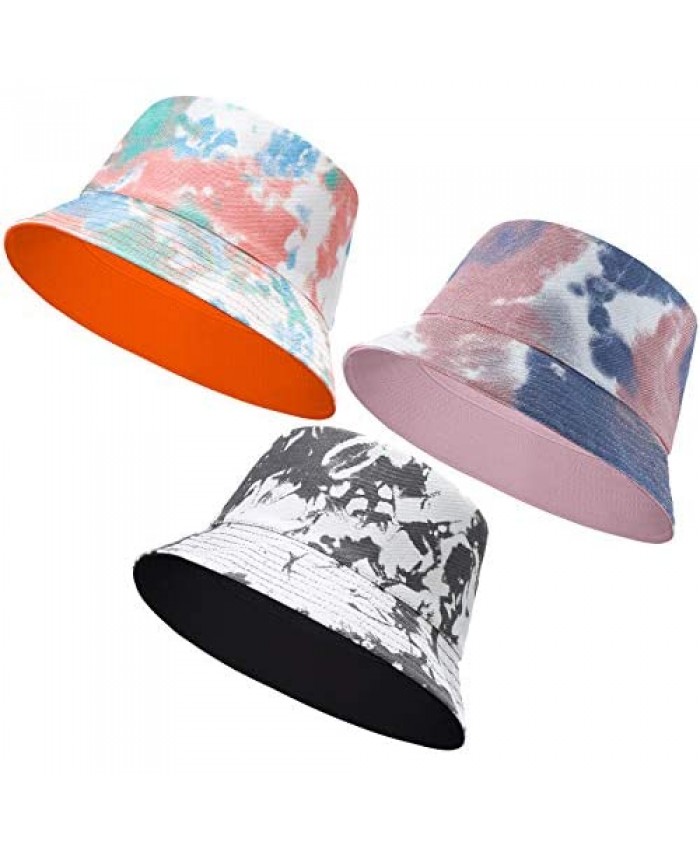 3 Pieces Bucket Hats Unisex Reversible Fisherman Tie-dye Hats Cute Packable Caps for Travel Fishing Double-Side-Wear Summer Hats
